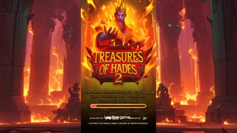 Treasures of Hades 2 – Laadscherm van de Rectangle Games slot in een mythologische setting van de onderwereld